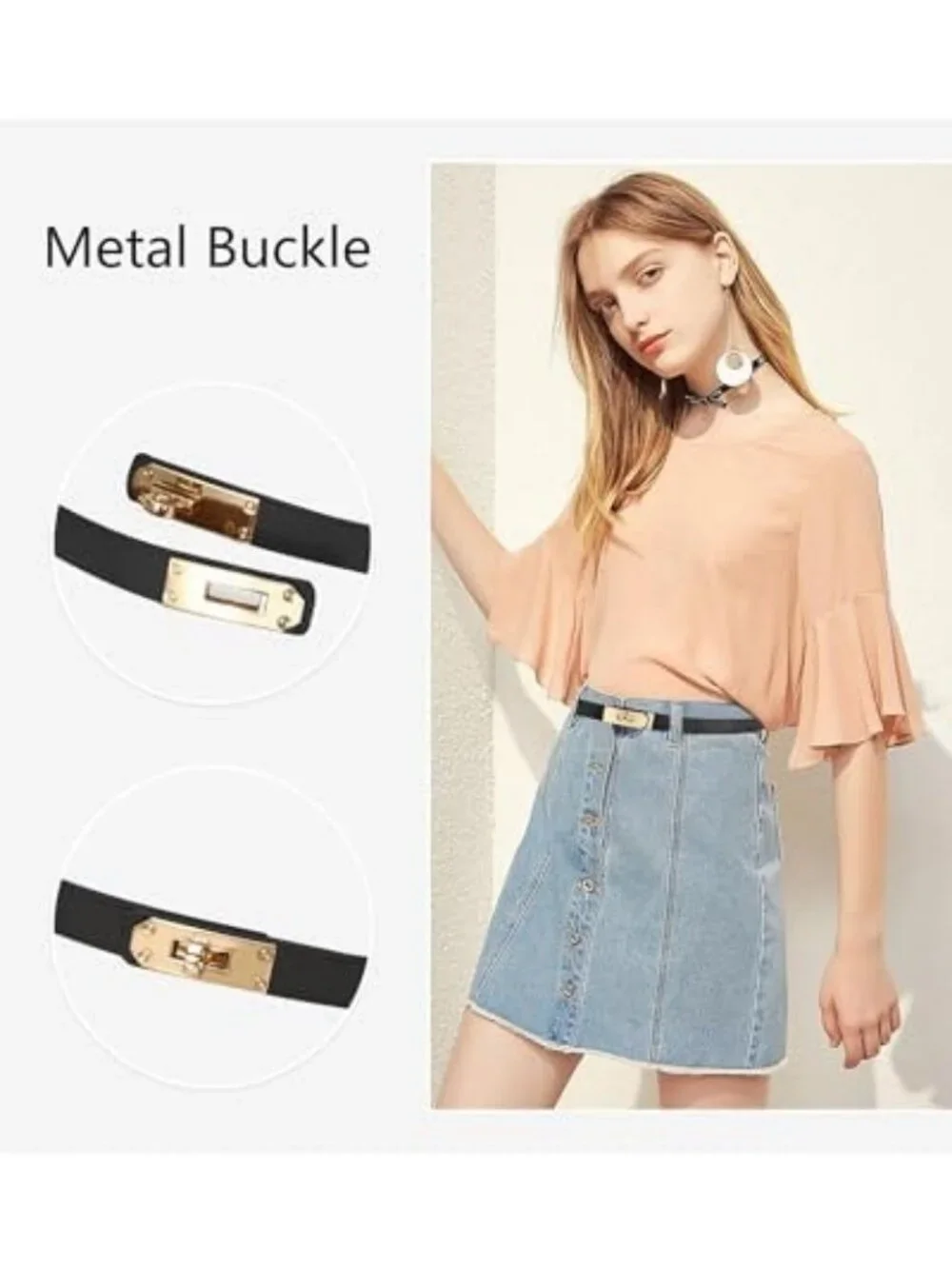 Women's Adjustable Skinny Leather Belt with Gold Turn-Lock Buckle for Dresses